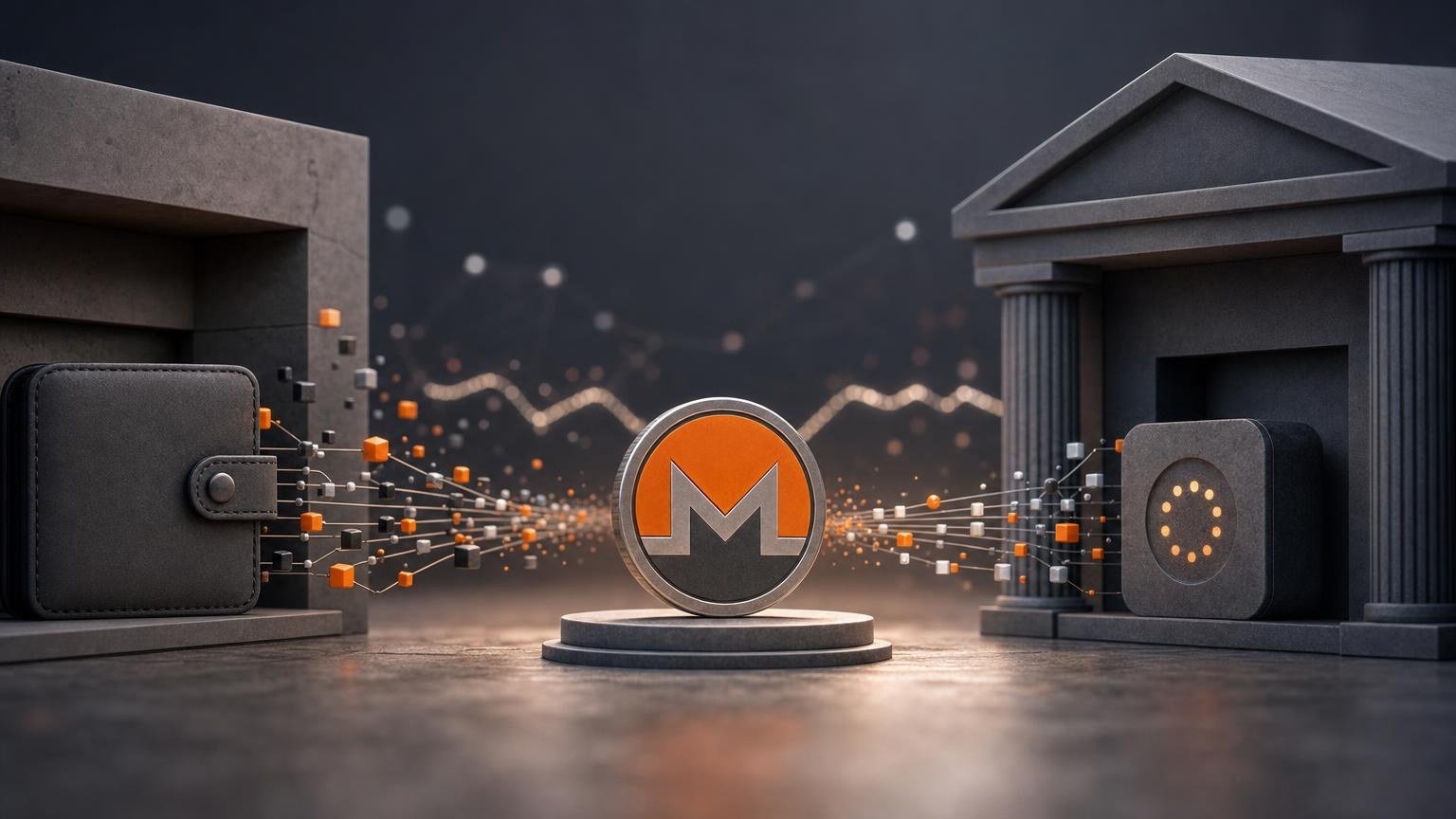 A Monero exchange transaction moving through wallet broadcast, network confirmation, deposit detection, verification, and payout stages